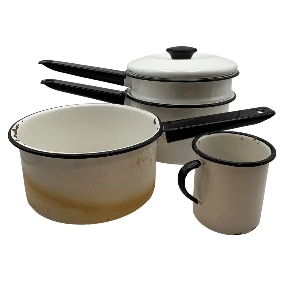 Vintage White Enamelware Double Boiler Saucepan Mug Black Trim Farmhouse 5 Piece